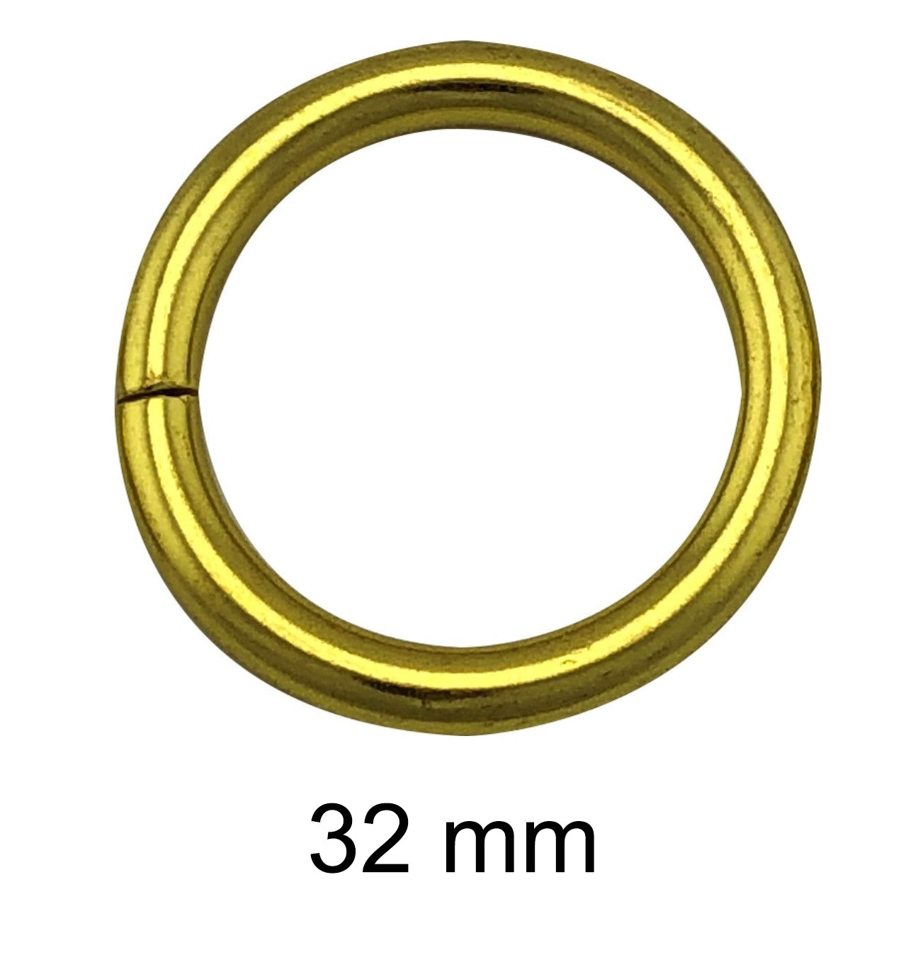 Argolla circular fija de alta resistencia, cerrada metálica reforzada de 32 mm, con acabado dorado y calibre 5.2 mm, ideal para marroquinería, bolsas y talabartería. Argolla circular fija de alta resistencia, cerrada metálica reforzada de 32 mm, con acabado dorado y calibre 5.2 mm, ideal para marroquinería, bolsas y talabartería.